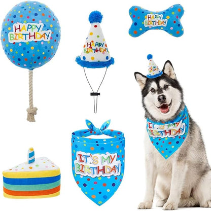 BINGPET Dog Birthday Bandana Set with Cake,Dog Birthday Cake and Balloon,Dog Birthday Party Supplies for Boys and Girls,Puppy Chew Toys Gift for Large and Extra Large Dogs Pets - Blue