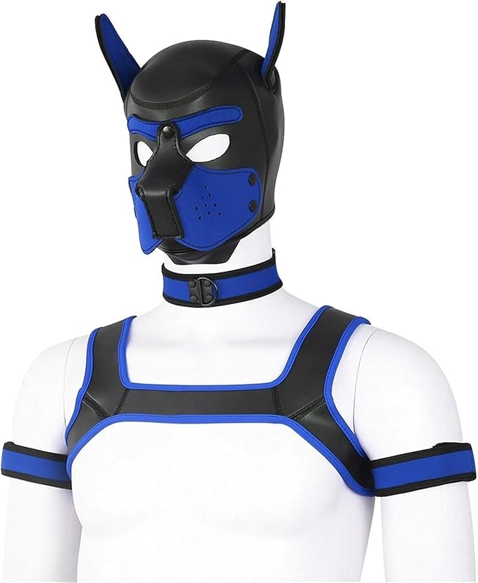 4 Sets Neoprene Puppy Hood Animal Head Mask Novelty Costume Dog (Hood Mask + Collar + Armband + Harness) (Large, Blue)