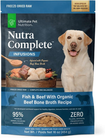 ULTIMATE PET NUTRITION Nutra Complete Bone Broth Infusions, 100% Freeze Dried Veterinarian Formulated Raw Dog Food with Antioxidants Prebiotics and Amino Acids (16 Ounce, Bone Broth Fish)