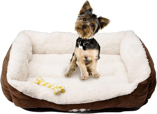 047393528421 Rectangle Pet Bed with Dog Paw Printing Toys, 25" x 21", Brown/Coffee