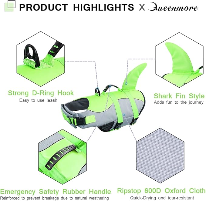 Queenmore Dog Life Jacket Ripstop Shark Dog Safety Vest Adjustable Preserver with High Buoyancy and Durable Rescue Handle for Small