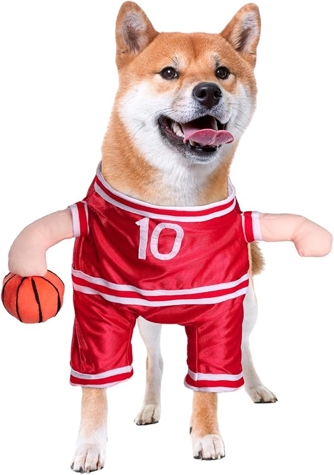 DELIFUR Dog Basketball Player Costume - Pet Halloween Costume Adjustable Funny Dress Up Sports Outfit Cosplay Clothes for Small Medium Dog Red (Small)