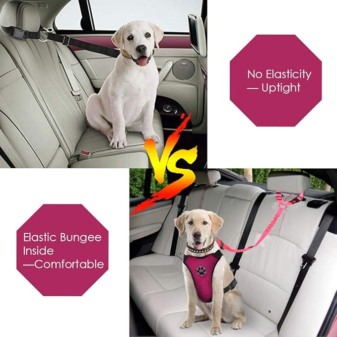 Lukovee Dog Car Seat Belt, 2 Pack Headrest Restraint Seatbelt, Adjustable Pet Safety Leads with Reflective Elastic Bungee for Dog Harness Collar Travel Daily Use (Fluorescent Pink,Headrest)