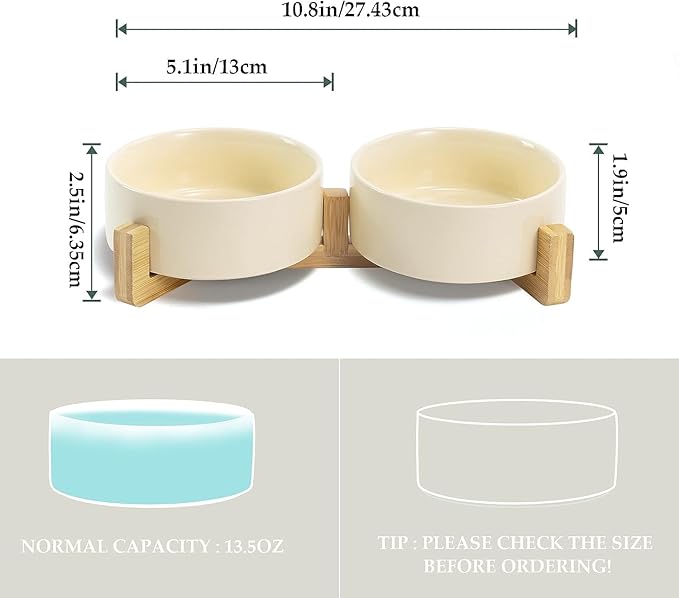 SPUNKYJUNKY Ceramic Dog and Cat Bowl Set with Wooden Stand, Modern Cute Weighted Food Water Set for Small Size Dogs (13.5OZ) & Medium Sized Dogs (28.7OZ) & Cats (1.7 Cups, 2 × Beige)