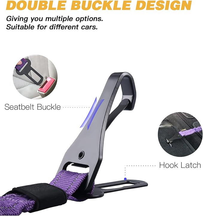 AUBELL Dog Seatbelt, Updated 3-in-1 Pet Car Seat Belt for Dogs, Bungee Dog Car Tether with Clip Hook Latch & Buckle, Heavy Duty Dog Car Harness with Swivel Aluminum Carabiner,Purple