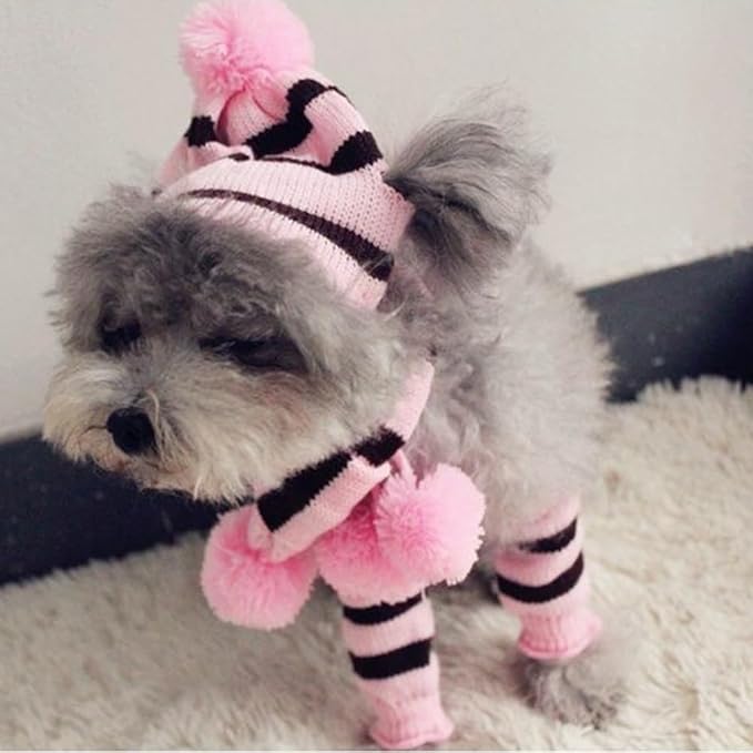 ANIAC 6 PCS Winter Knitted Dog Hat Scarf and Leg Warmer Set Puppy Warm knitting Hat with Ear Holes Pet Pompom Cap & Collar Christmas Costume Suit for Cats Small Dogs (Large