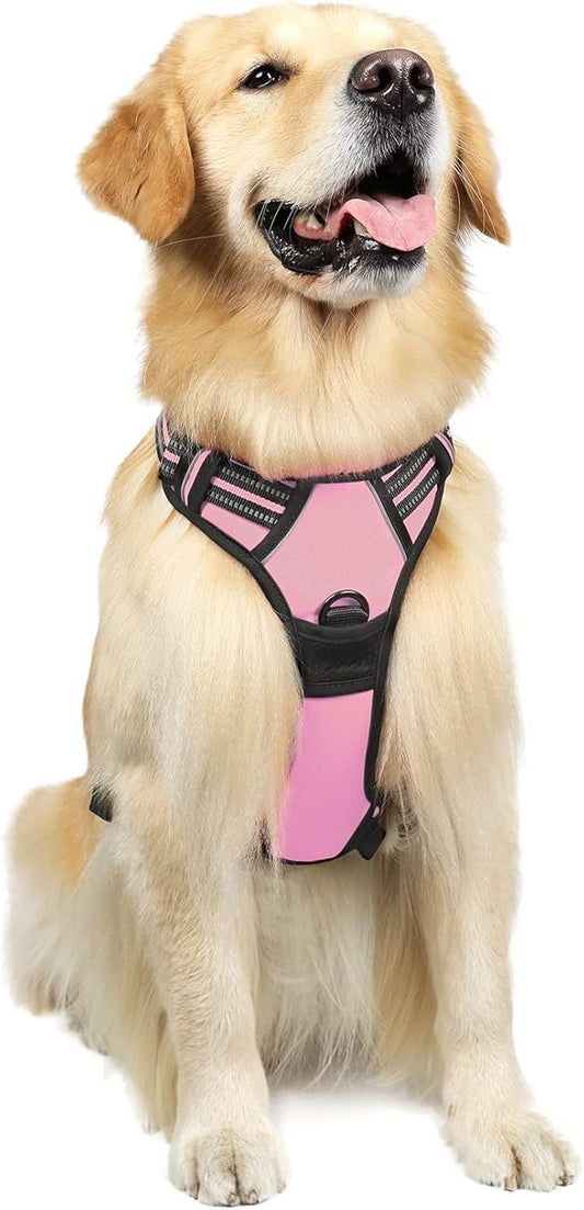 rabbitgoo No-Pull Pet Harness with 2 Leash Clips, Adjustable Soft Padded, Reflective No-Choke Pet Oxford Vest with Easy Control Handle for Large Dogs, Pink, L