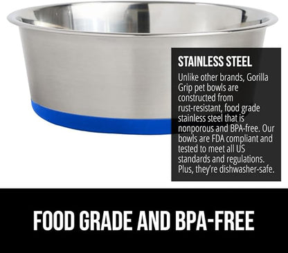 Gorilla Grip Stainless Steel Metal Dog Bowl Set of 2, Rubber Base, Heavy Duty Feeding Dishes, Food Grade BPA Free, Less Sliding, Quiet Pet Bowls for Cats and Dogs, Holds 4 Cups (32 fl oz), Royal Blue