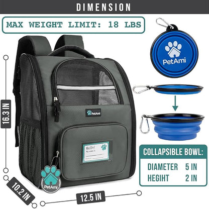 PetAmi Deluxe Pet Carrier Backpack for Small Cats and Dogs, Puppies | Ventilated Design, Two-Sided Entry, Safety Features and Cushion Back Support | for Travel, Hiking, Outdoor Use (Dark Gray)