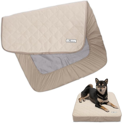 Paw Inspired Waterproof Fitted Cover for Dog Bed | Washable Bed Protector for Dog Mattress | Removable Replacement Cover Ideal for 36-Inch Pet Bed (Beige)