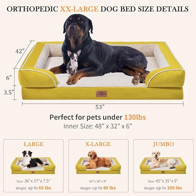 XXL Dog Bed Orthopedic Foam, Waterproof Dog Beds for Oversized Dogs, Washable Dog Sofa Bed with Removable Cover & Non-Slip Bottom(XX-Large,Spicy Mustard)