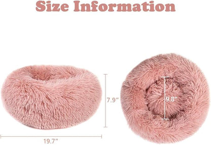 otoez Kitten Puppy Bed Small Round Dog Cat Beds Anti Anxiety Plush Pet Calming Donut Bed with Non-Slip Waterproof Bottom (19.7", Pink)