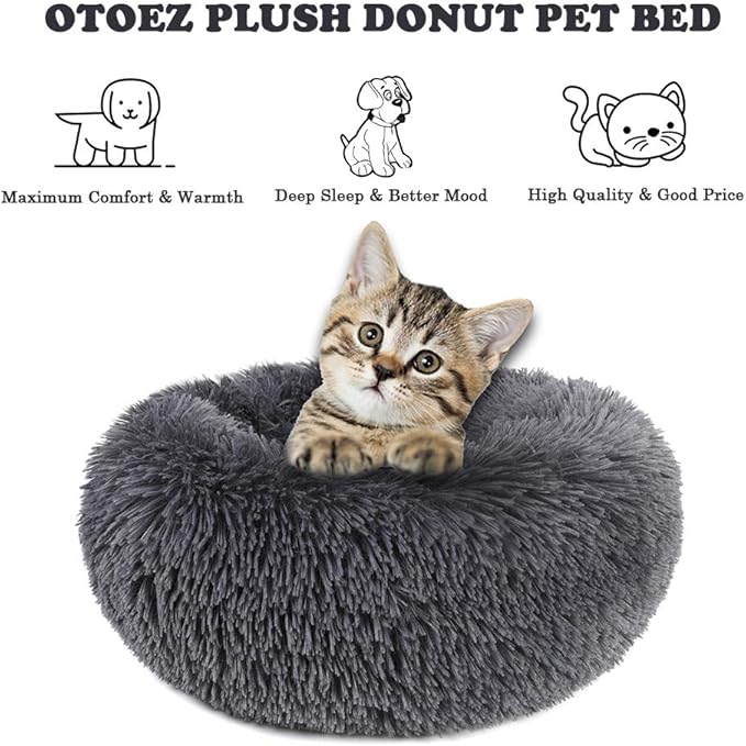 otoez Kitten Puppy Bed Extra Small XS Round Dog Cat Beds Anti Anxiety Plush Pet Calming Donut Bed with Non-Slip Waterproof Bottom (15.7", Dark