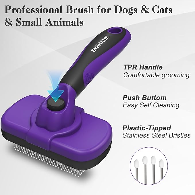 Swihauk Self Cleaning Slicker Brush for Dogs & Cats, Skin Friendly Pet Grooming for Shedding, Deshedding, and Hair Removal - Puppy Brush for Long Haired Pets, Pet Supplies, Purple