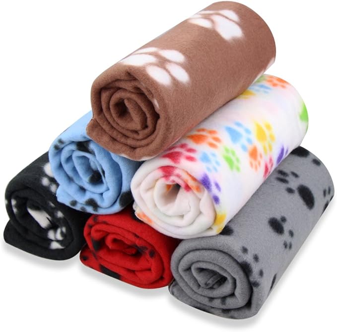 EAGMAK Cute Dog Cat Fleece Blankets with Paw Prints for Kitten Puppy and Small Animals Pack of 6 (Black, Brown, Blue, Grey, red and White)