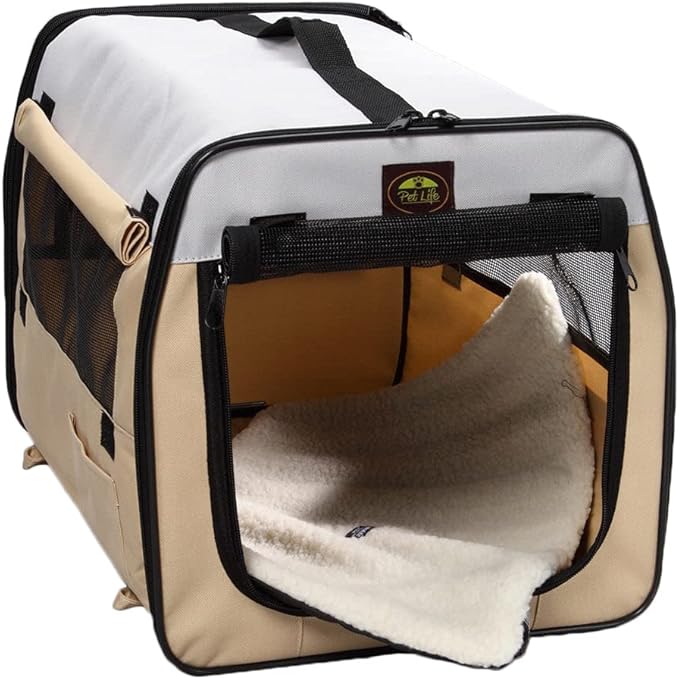 PET LIFE 'Easy Folding' Zippered Folding Collapsible Wire Framed Lightweight Pet Dog Crate Carrier, X-Small, Khaki