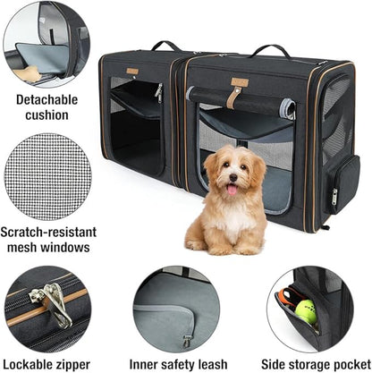 Lekereise 2-in-1 Cat, Dog Carrier for Small Medium Large Pets up to 35 Lbs, (17.7"*2)*16.5"*13" Car Travel Carrier with Litter Box, Bowl, and Locking Zipper - Black