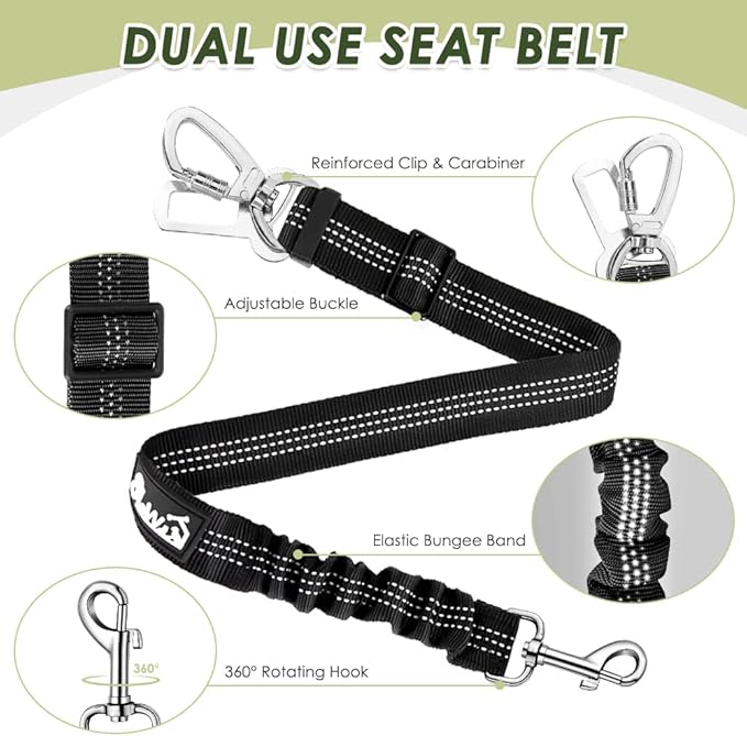 SlowTon Dog Seat Belt Harness for Car, Dog Car Harness Adjustable Mesh Breathable & Dog Seatbelt Safety Tether with Elastic Bungee for Small Medium Large Pets(Lime, Double Clip, L)