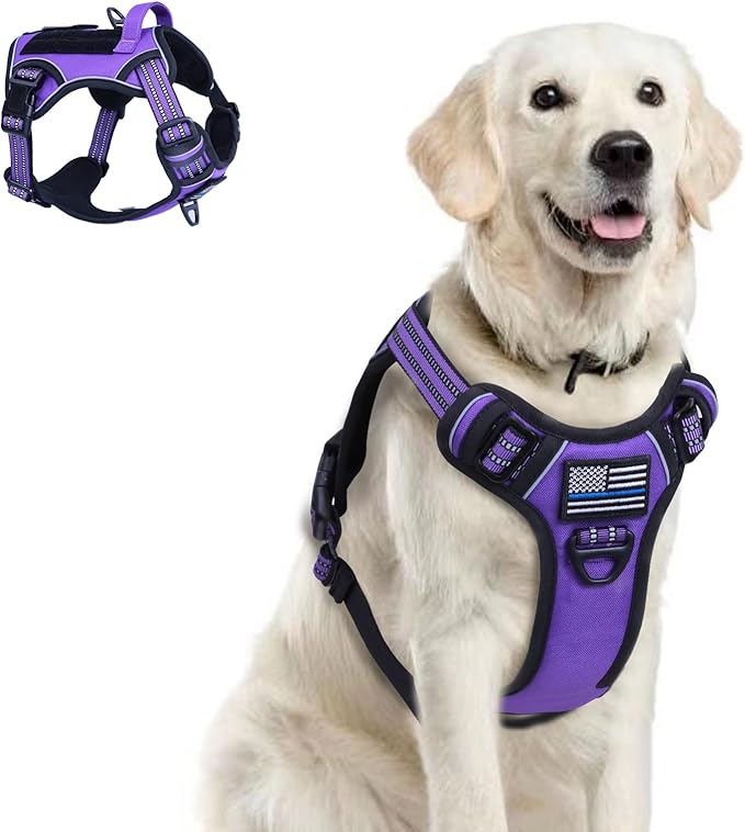 BUMBIN Tactical Dog Harness for Large Dogs No Pull, Famous TIK Tok No Pull Puppy Harness, Fit Smart Reflective Pet Walking Harness for Training, Adjustable Dog Vest Harness with Handle Purple XL