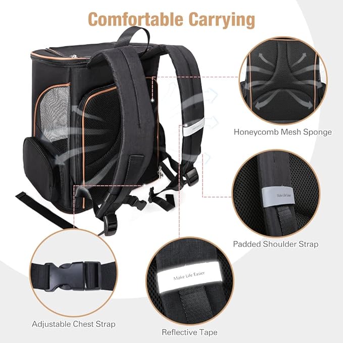 Lekereise Large Cat Backpack Carrier Expandable Pet Carrier Backpack for Small Dogs Medium Cats Fit Up to 18 Lbs, Dog Backpack Carrier, Foldable Puppy Backpack Carrier for Travel, Hiking, Black