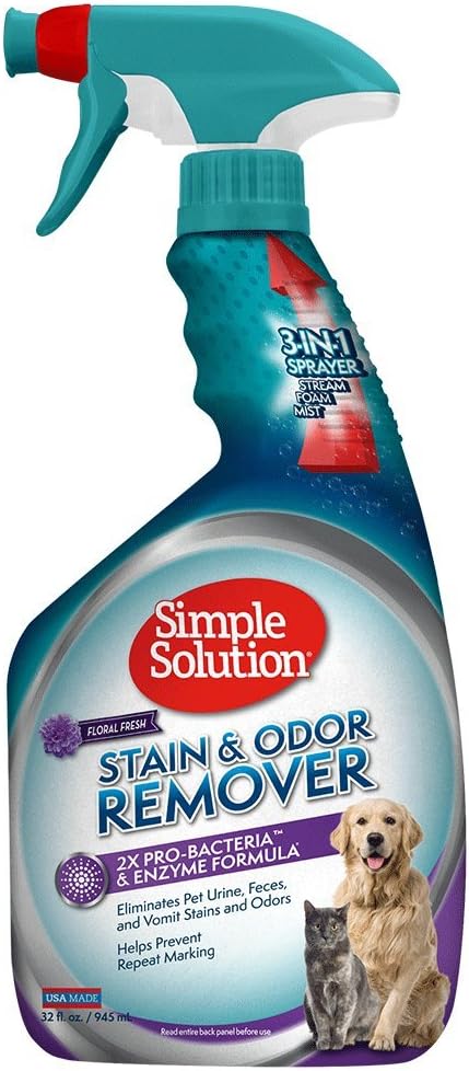 Simple Solution Stain and Odor Eliminator Spray for Dogs & Cats, Enzyme Cleaner With 2X Pro-Bacteria Cleaning Power, Strong Smell Remover for Carpets, Upholstery & Floors, Floral Fresh Scent, 32 oz