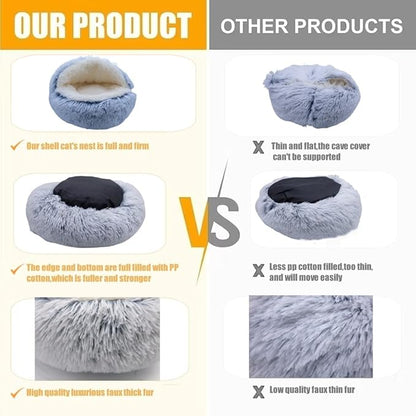 Calming Round Dog Beds &Cat Cave Bed with Hooded Cover 20x20inch)