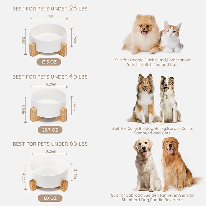 SPUNKYJUNKY Ceramic Dog and Cat Bowl with Wooden Stand, Modern Cute Weighted Food Water Bowl for Large Dogs & Cats White