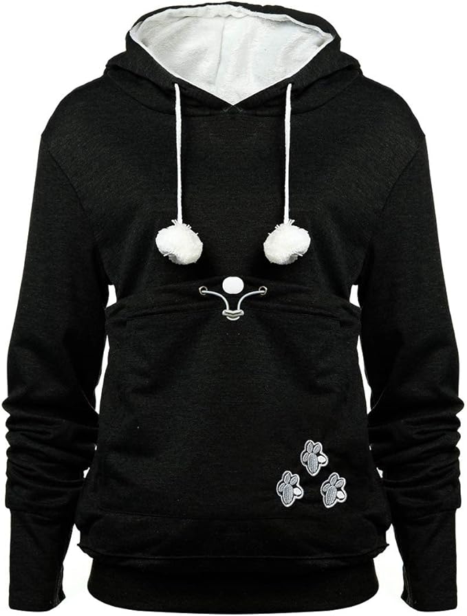 jessie Womens Pouch Hoodie Big Kangaroo Little Pet Dog Cat Carrier Sweatshirts (Black