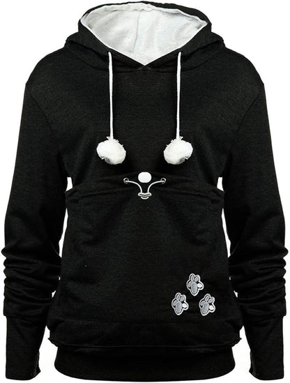 Womens Pouch Hoodie Big Kangaroo Little Pet Dog Cat Carrier Sweatshirts (Black