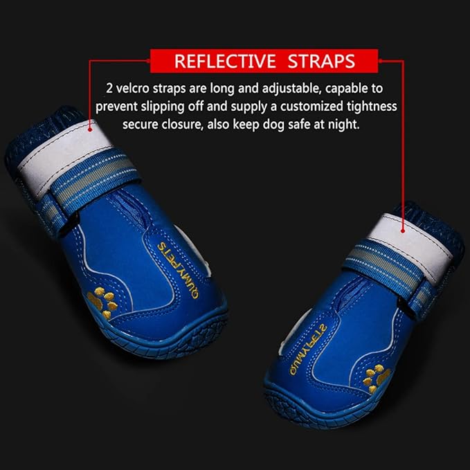 QUMY Dog Shoes for Large Dogs, Medium Dog Boots & Paw Protectors for Winter Snowy Day, Summer Hot Pavement, Waterproof in Rainy Weather, Outdoor Walking, Indoor Hardfloors Anti Slip Sole Blue 1