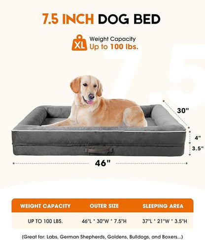 X-Large Orthopedic Dog Bed, Egg Foam Dog Couch with Removable Washable Cover, Waterproof Pet Sofa Bed with Non-Slip Bottom and Four-Sided Bolster Cushion, Gray Dog Beds for Large Sized Dog