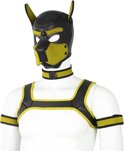 4 Sets Neoprene Puppy Hood Animal Head Mask Novelty Costume Dog (Hood Mask + Collar + Armband + Harness) (Large, Yellow)