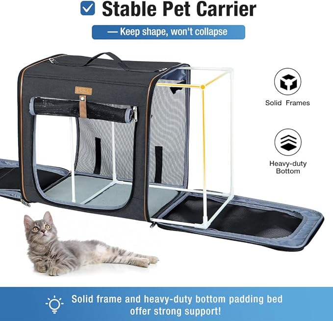 Lekereise 2-in-1 Cat, Dog Carrier for Small Medium Large Pets up to 35 Lbs, (17.7"*2)*16.5"*13" Car Travel Carrier with Litter Box, Bowl, and Locking Zipper - Black