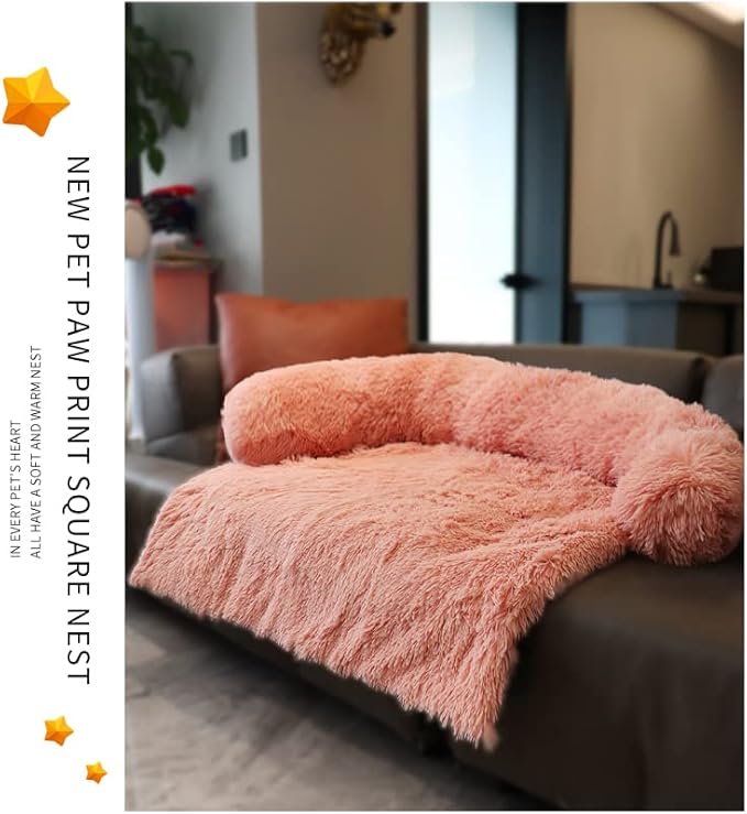 Calming Plush Dog Bed, Plush Pet Couch Protector for Dog with Memory Foam Neck Bolster, Universal Pet Furniture Cover, Sofa Bed Cover, Plush Dog Bed Machine Washable Pink Medium