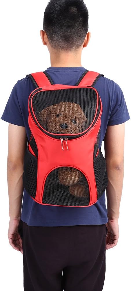 Pet Carrier Backpack, Dog Front Carrier Cat Backpack Carrier Puppy Carrier Travel Shoulder Bag with Ventilated Breathable Mesh Hands Free for Traveling Hiking Cycling Outdoor Use Kitty Rabbits(Red)