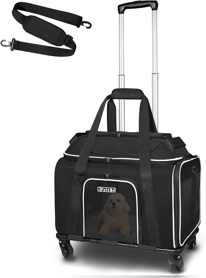 Petskd Top-Expandable Pet Carrier with Wheels 17x11x11 Inches Delta American United Airline Approved, Soft-Sided Carrier for Small Cats Dogs with Locking Safety Zippers and Anti-Scratch Mesh(Black)