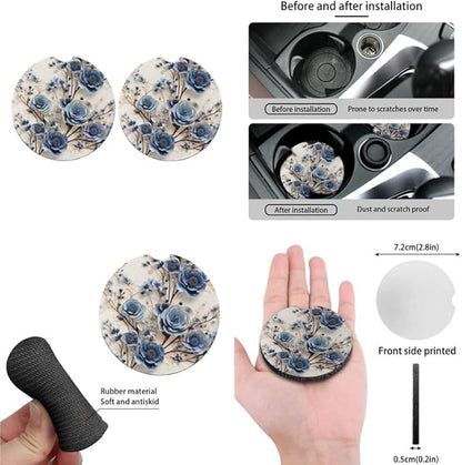 Blue Rose 13 PCS Car Seat Cover Full Set Flowers Painting Front Back Seat Covers Floral Art Steering Wheel Cover