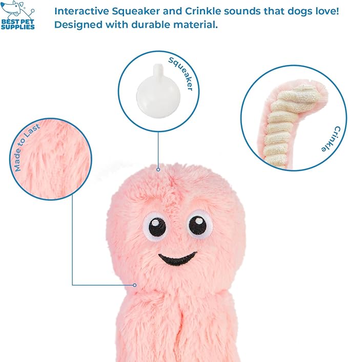 Best Pet Supplies OctoMutant Crinkle Plush Dog Toys for Interactive Play, Puppy and Senior Indoor Play, Colorful Octopus Toy Shape, Soft Head Stuffing, Cute and Cuddly - Pink