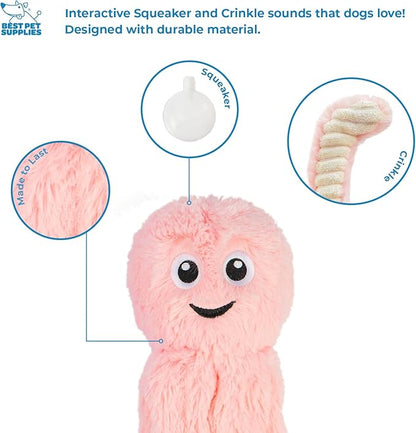 Best Pet Supplies OctoMutant Crinkle Plush Dog Toys for Interactive Play, Puppy and Senior Indoor Play, Colorful Octopus Toy Shape, Soft Head Stuffing, Cute and Cuddly - Pink