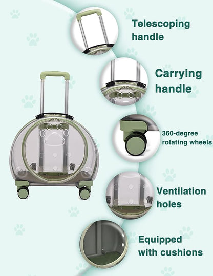 Cat Carrier with Wheels, Acrylic Rolling Cat Carrier, Retractable Pull Rods and Swivel Wheels, Comfortable and Breathable Pet Trolley Case Pet Carrier for Small Pets Kittens Dogs Rabbits(Light Green)