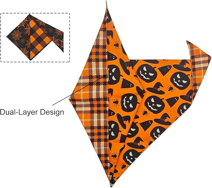 2PCS Fall Dog Bandanas,Thanksgiving Dog Scarf,Triangle Reversible Pet Outfit for Boys and Girls' Dogs,Pumpkin and Spider Web Bibs,Orange Plaid Halloween Dog Bandana for Medium to Large Dogs