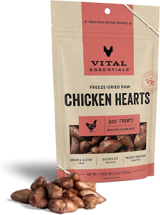 Vital Essentials Freeze Dried Raw Single Ingredient Dog Treats, Chicken Hearts, 1.9 oz