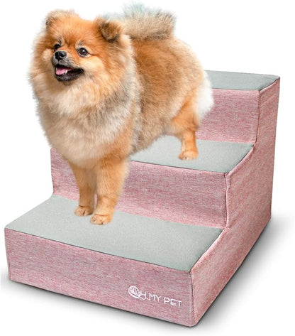 3-Step Pet Stairs for Small Dogs and Cats, Portable Ramp Stairs for Couch, Sofa, High Bed Climbing, Non-Slip Balanced Step Support, Paw Safe, Elegant, Easy to Assemble (Pink & Light Gray)