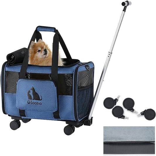 Cat and Dog Carrier with Detachable Wheels, Airline Approved Rolling Pet Carrier,Wheeled Pet Carrier with Telescopic Walking Handle,Foldable Pet Travel Bag