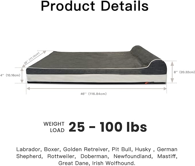 Laifug Orthopedic Memory Foam Extra Large Dog Bed with Pillow and Durable Water Proof Liner & Removable Washable Cover & Smart Design (Large (46"x28"x8")