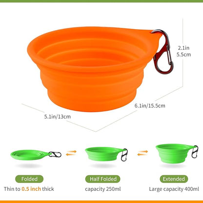 Dog Bowl Travel Collapsible Bowls 2 Pack, Portable Foldable Cats Dogs Water Dish Puppy Bowl (Orange 172 + Fluorescent Green)