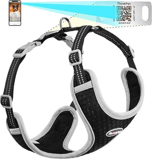 ThinkPet Reflective Breathable Soft Air Mesh with QR Code Dog Tag Puppy Choke Free Over Head Vest Harness for Puppy Small Medium Dogs and Cats Small Black