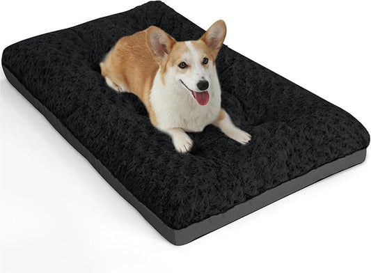 POCBLUE Deluxe Washable Dog Bed for Medium Dogs Dog Crate Mat 30 inch Comfy Fluffy Kennel Pad Anti-Slip for Dogs Up to 40 lbs 30" x 19", Black