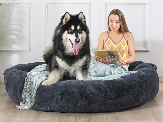 WhatsBedding Large Human Dog Bed 72"x48"x10" Human Size Dog Bed for People Adults,Soft Fur Oval Nap Beanbag Bed for Adults and Pets with Soft Fur Cover, Dark Gray