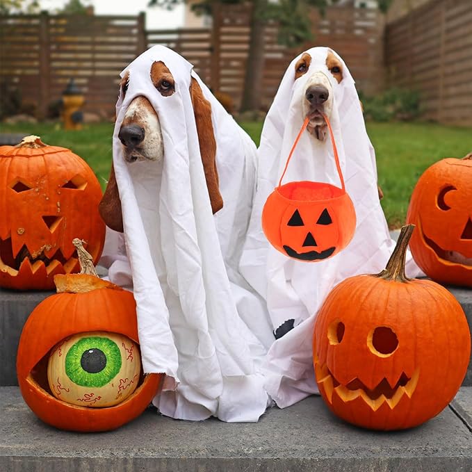 Dog Halloween Costumes - Dog Ghost Costume with Felt Pumpkin Trick or Treat Bucket, Medium Large Dog Halloween Costumes (55Pounds), Funny and Cute Dog Costumes Clothes for Halloween Cosplay Party